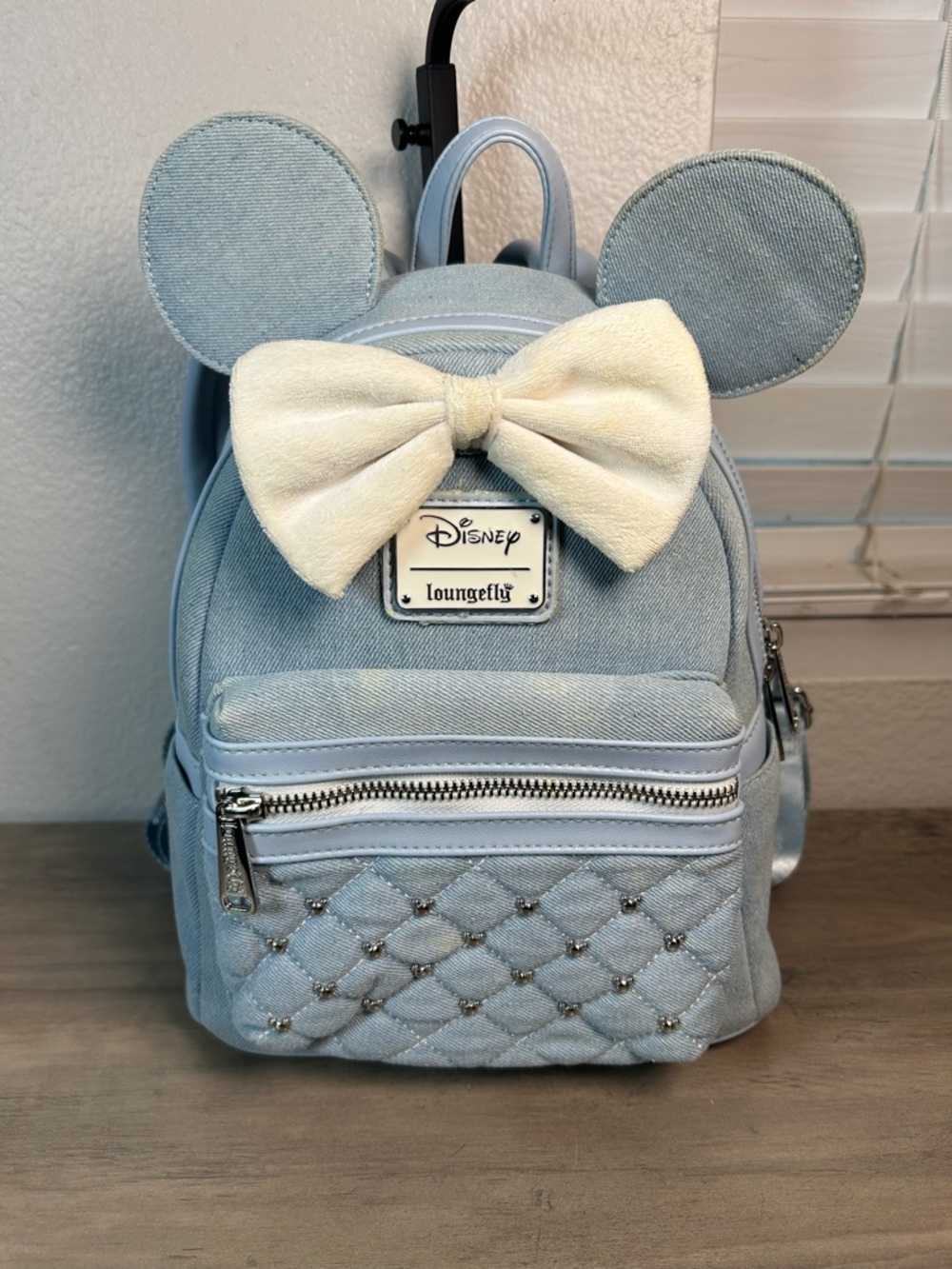 Loungefly Disney Minnie Mouse Ears Denim Light Blue Quilted Mini Backpack